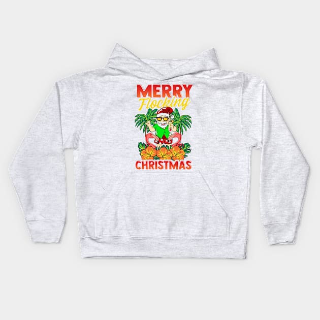 Merry Flocking Christmas Santa Flamingos Xmas Kids Hoodie by E